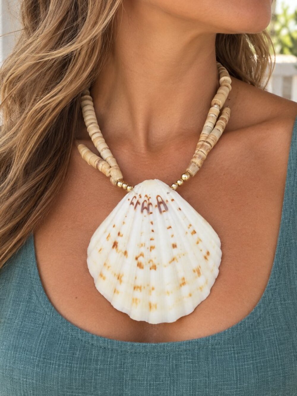Natural Scallop Shell Pendant Necklace Wood Beads Coastal Beach Boho Statement